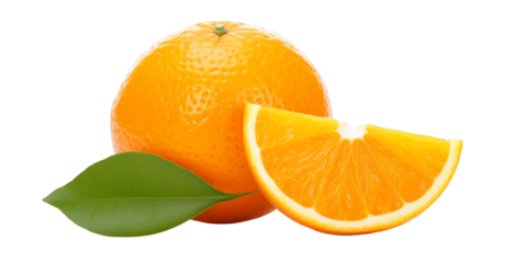 Fresh ripe orange fruit with a green leaf and a juicy slice isolated on a white background, perfect for food and health concepts.