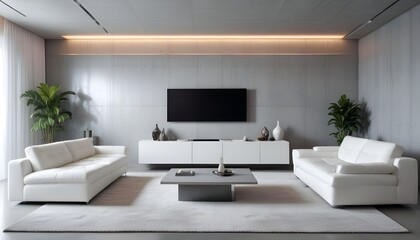 Fototapeta premium High end modern living room with white leather couch and a large flat screen tv mounted on the wall, brutalist architecture mixed with modern futuristic minimal design
