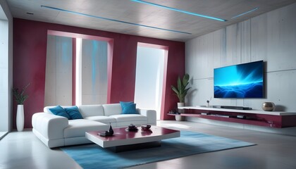 High end modern living room with white leather couch and a large flat screen tv mounted on the wall, brutalist architecture mixed with modern futuristic minimal design