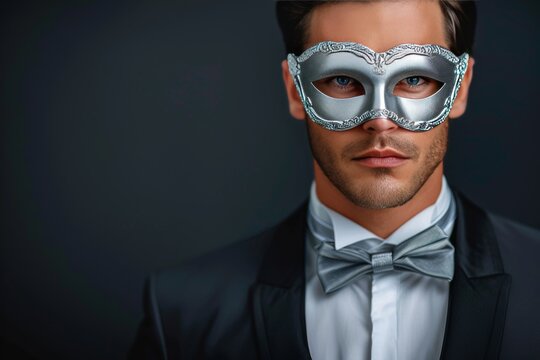 Sophisticated man in tribal mask  dramatic monochrome portrait for high end fashion ads