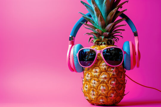 Pineapple wearing sunglasses and headphones, hot pink background