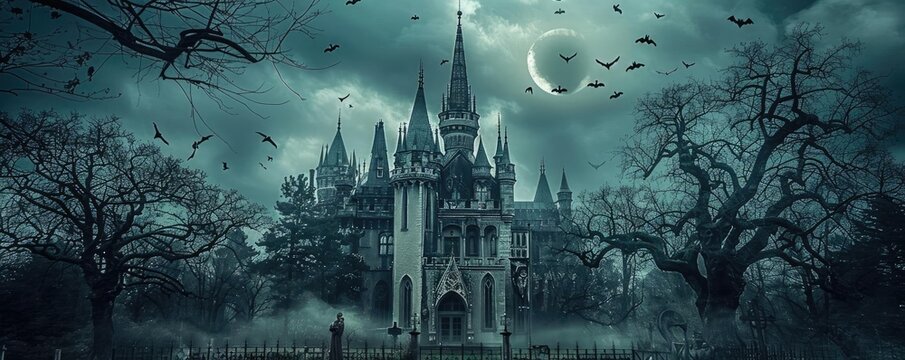 A dark, eerie castle with gothic architecture, surrounded by leafless trees and flying bats under a cloudy sky with a partial moon.