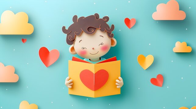 Delightful Paper Craft Portrayal of a Joyful Child with Book  Embodying the Love of Learning