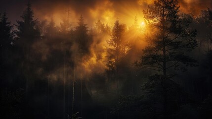 Naklejka premium A stunning view of a misty forest illuminated by the golden glow of the setting sun, creating an ethereal and enchanting atmosphere.