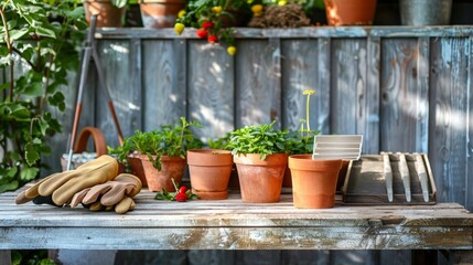 Serene Garden Workspace Blank Business Cards Gardening Gloves and Terracotta Pots on Potting Bench