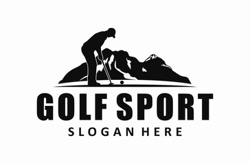 A man is playing golf, with mountains in the background, illustration logo design