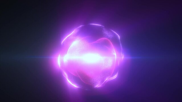 Purple energy magic sphere round high-tech digital ball core of light rays waves lines and energy particles. Abstract background. Video in high quality 4k, motion design