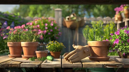 Serene Garden Workspace Blank Business Cards Gardening Gloves and Terracotta Pots on Potting Bench