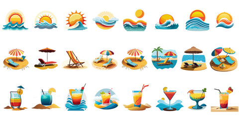 Summer package for Beach Bars, Beach, Sunbed, and Cocktail Illustrations Vector Pack 