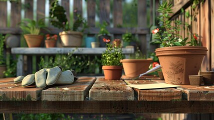 Serene Garden Workspace Blank Business Cards Gardening Gloves and Terracotta Pots on Potting Bench