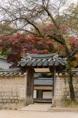 a traditional Korean pavilion with a tiled roof and green window details, set amidst lush trees in Changdeokgung Palace&rsquo;s Biwon Garden, Seoul.