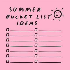 Summer bucket list ideas. Flat design. Vector illustration on pink background.