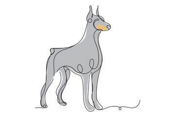 Doodle One Line Drawn Doberman Dog Portrait. Black Curve Editable Line Doberman Dog Face Sketch Silhouette Isolated on White background. Brave Domestic Guardian Pet Dog Symbol Line Art Drawn Icon	
