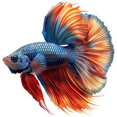 Fototapeta premium Vibrant betta fish with fiery orange and blue colors, showcasing elegant, flowing fins against a white background. This image isolated on transparent or white background, PNG file.
