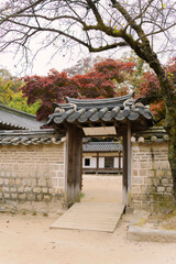 a traditional Korean Hanok in Biwon , Secret Garden - Changdeokgung, Seoul. The scene is set in autumn, with vibrant foliage surrounding a stone wall and a wooden gate leading to the Hanok.