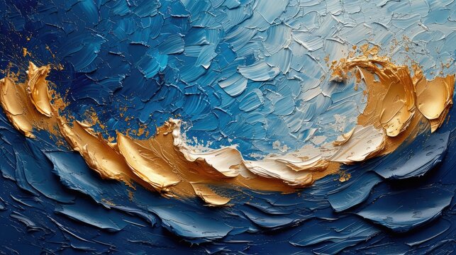Closeup of impasto abstract rough blue and golden colors art painting texture	

