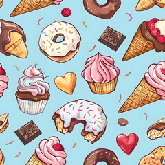Cute food pattern, design with cartoon cupcakes, ice cream cones, donuts, and chocolates on a pastel