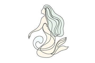 Line Art Fantasy Mermaid Goddess Portrait. Powerful Female Abstract Character isolated on White background. Editable Vector Thin Stroke. Continuous Line Modern Drawing. Antique Woman Goddess Portrait	