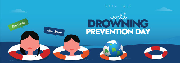 World Drowning prevention day. 25th July drowning prevention day awareness cover banner, social media post with four lifebuoy rings, a girl and a boy in them, earth globe on it.
