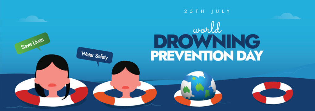 World Drowning prevention day. 25th July drowning prevention day awareness cover banner, social media post with four lifebuoy rings, a girl and a boy in them, earth globe on it. 