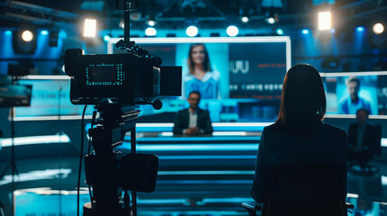 News studio camera operator focusing on the anchor during a live broadcast