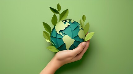 Hand Holding A Small Earth With Green Leaves Sprouting From It In Minimal Paper Cut Style