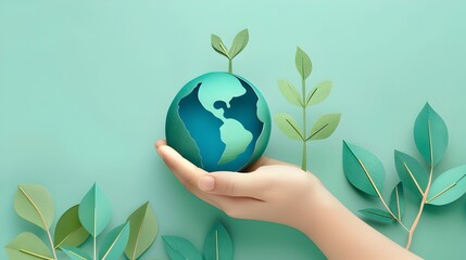 Hand Holding Earth with Sprouting Leaves   Minimal Paper Cut Style