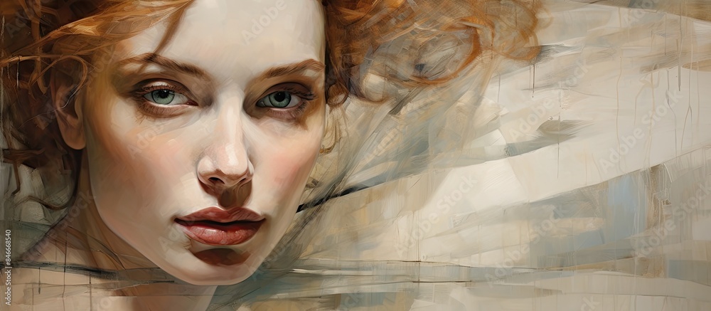 Poster Giclee print of a woman's face from an original oil painting on canvas with a background setup for a copy space image.