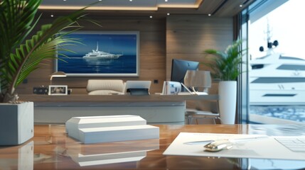 Seafaring Dreams Luxury Yacht Charter Office with Business Cards Model Yachts and Nautical Charts