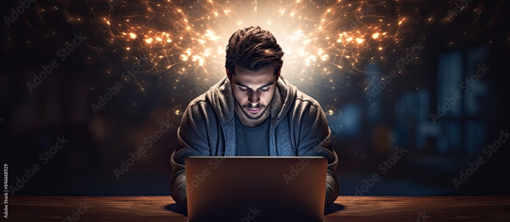 Poster man utilizing online education, shown in a copy space image.