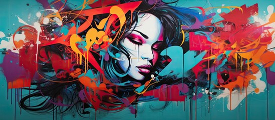 Fototapeta premium Vibrant graffiti painting on wall with bright outlines and aerosol spray cans. Modern street art piece reflecting youth culture with a 'copy space image.'