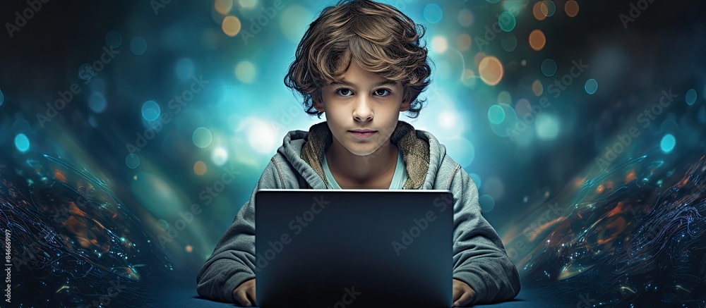 Poster Boy using a laptop against an abstract backdrop with copy space image.