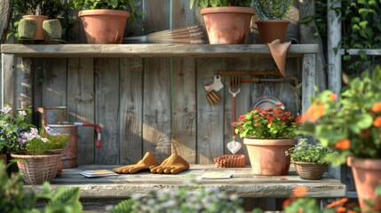 Serene Garden Workspace Blank Business Cards Gardening Gloves and Terracotta Pots on Potting Bench