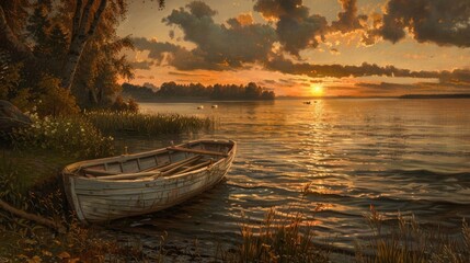 Obraz premium Fishing boat by the lakeshore at sunset