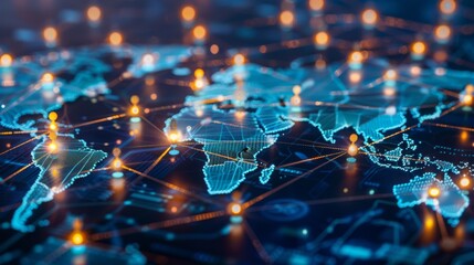 Digital world map illuminated with interconnected points of light, symbolizing global connectivity and networking. It represents the intricate web of international communication.