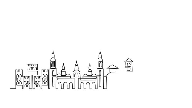 Animated self drawing of Zaragoza skyline video illustration. Modern city in Europe in simple linear style video design concept. One of big city in Spain. Iconic architectural building design video.