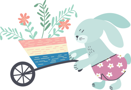 symbol, sticker, drawing happy bunny with cart and flowers on transparent background for collage - Powered by Adobe