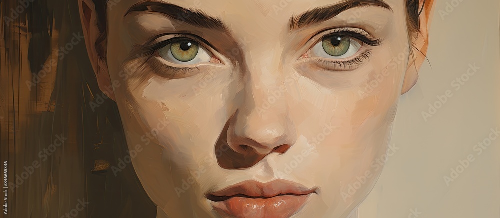 Poster Giclee print of a woman's face from an original oil painting on canvas with a background setup for a copy space image.