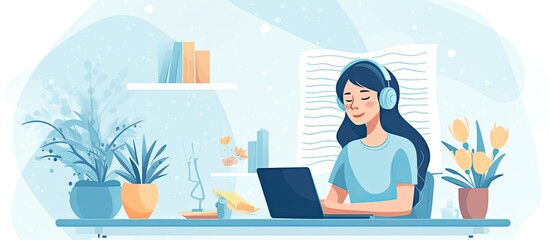 Teen girl sitting at a desk attentively listens to a teacher during an online computer lesson at home with copy space image available.