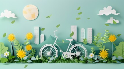 Minimal Paper Cut of Eco Friendly Bicycle Parked in City Garden