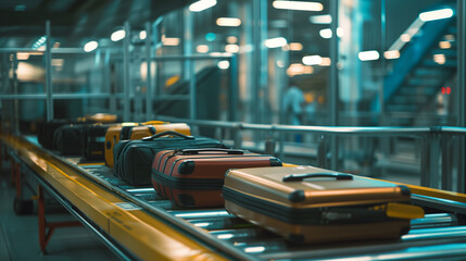 Suitcases on an airport security conveyor belt glide towards a scanner, a prelude to safe travel