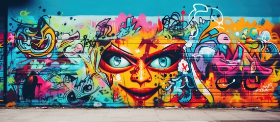 Vibrant graffiti art displayed on the wall with copy space image.