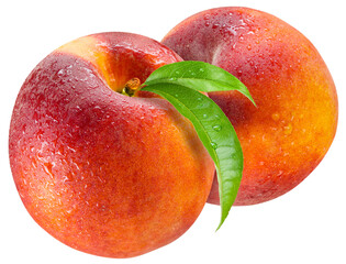 Peach with leaf isolated png. Whole peaches with drops on transparent background. PNG format. Peach with leaves no background. Full depth of field.