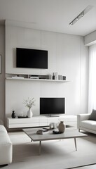 High end modern living room with white leather couch and a large flat screen tv mounted on the wall, brutalist architecture mixed with modern futuristic minimal design