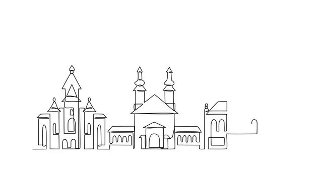 Animated self drawing of Timisoara skyline video illustration. Modern city in Europe in simple linear style video design concept. One of big city in Romania. Iconic architectural building design video