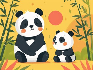 Cute Panda Family in Bamboo Forest
