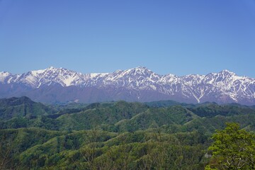 信州　小川村の風景　残雪の北アルプス（爺ヶ岳、鹿島槍ヶ岳、五竜岳）と新緑の里山　