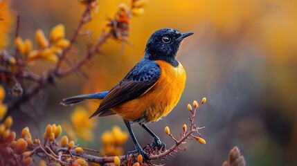 Fototapeta premium A bird is perched on a branch with orange and black feathers