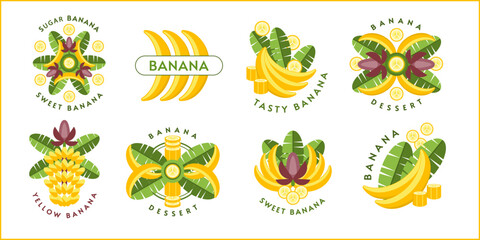 Set of logos, emblems, badges with yellow bananas, banana leaves, flowers, slices. Good for decoration of food packaging, groceries, agriculture stores, advertising. Flat style