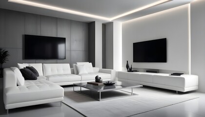 High end modern living room with white leather couch and a large flat screen tv mounted on the wall, brutalist architecture mixed with modern futuristic minimal design